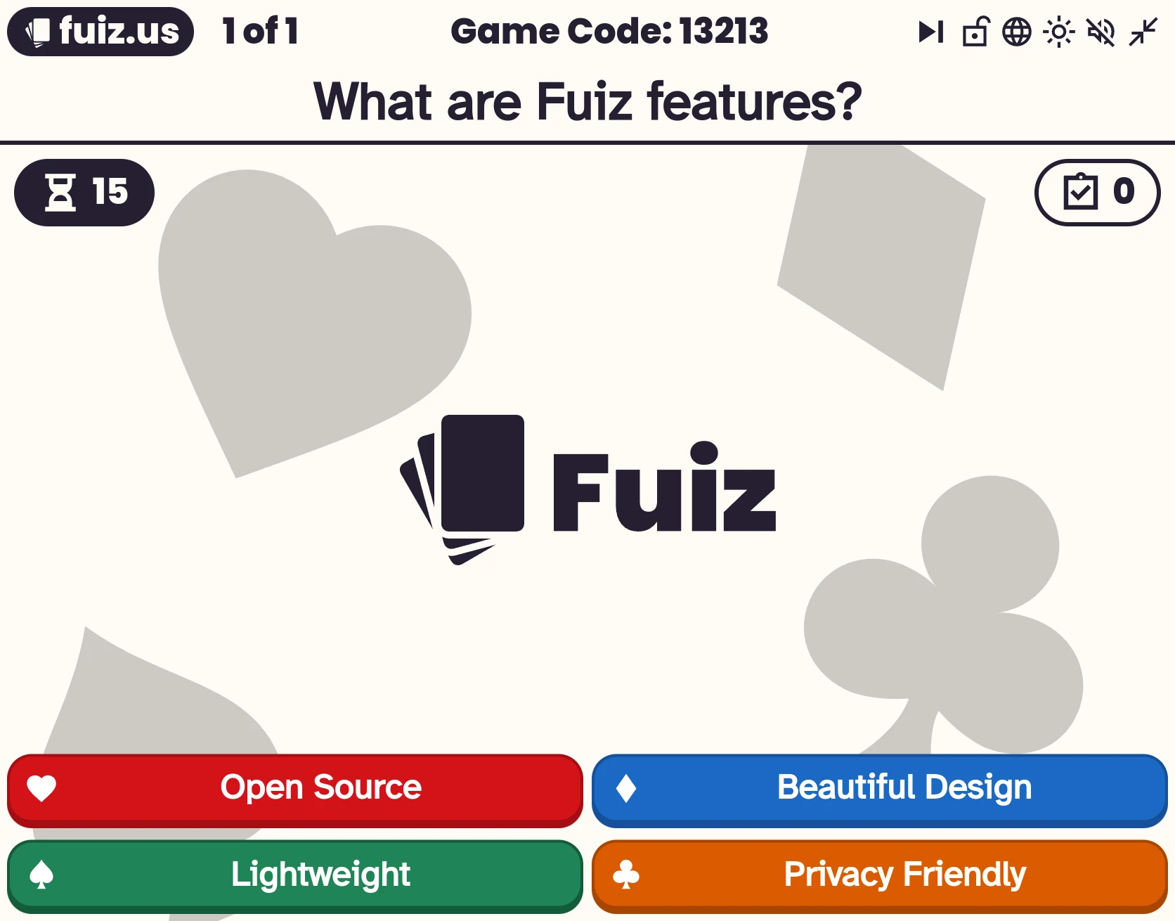 screenshot of fuiz displaying a sample question